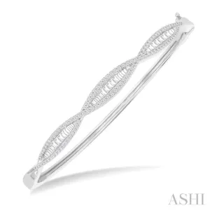 1 ctw Elongated Twist Pattern Baguette and Round Cut Diamond Fashion Bangle in 14K White Gold