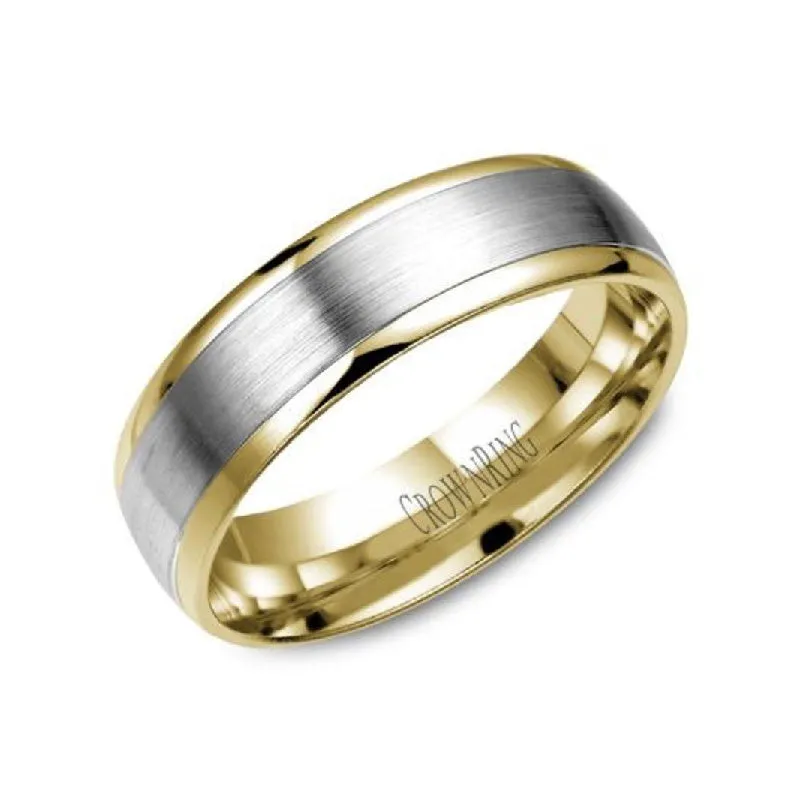 (10K, 14K) Yellow and White Gold (6mm) Brushed Center Wedding Band