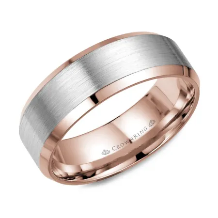 (10K, 14K,18K) Rose and White Gold (8mm) Brushed Center Wedding Band