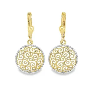 10K Two-Tone Gold Swirl Filigree Round Drop Earrings