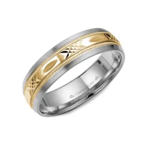 10K White and Yellow Gold (6mm) Brushed and Laser Cut Wedding Band