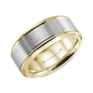 10K White and Yellow Gold (8mm) Brushed Center Beveled Wedding Band