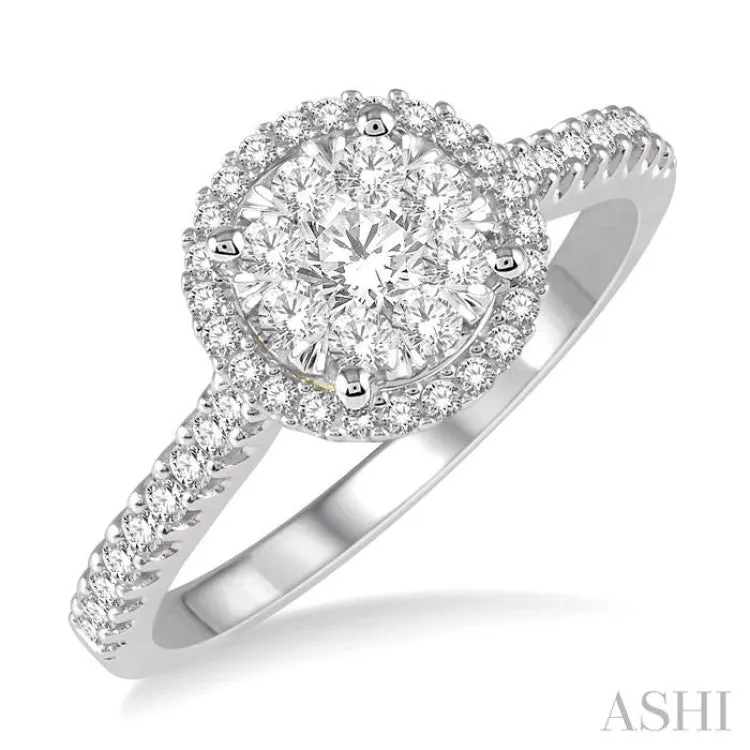 1/2 Ctw Round Diamond Lovebright Halo Engagement Ring in 14K White and Yellow Gold