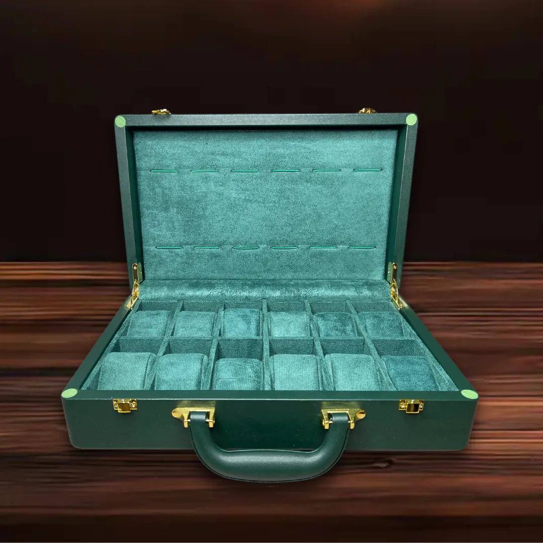 12 Slots Dark Green High Leather Materials Watch Organizer Box with Lock