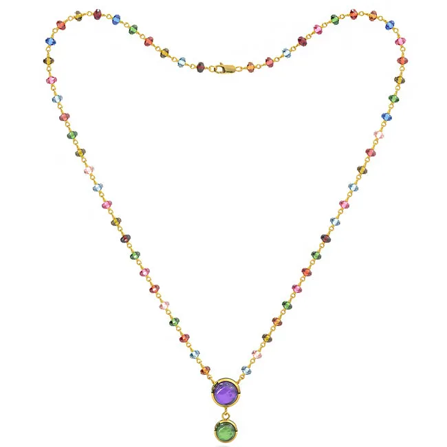 14k Antique Look Multi Color Cubshion Tourmaline Rondalle Disc Drop Necklace