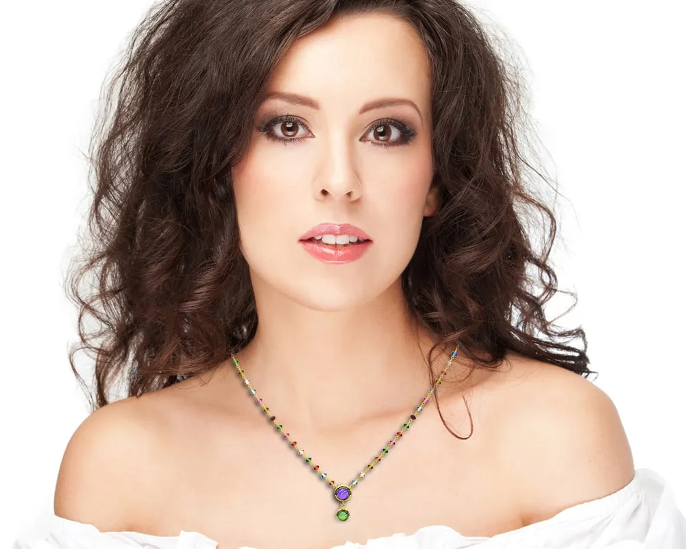 14k Antique Look Multi Color Cubshion Tourmaline Rondalle Disc Drop Necklace