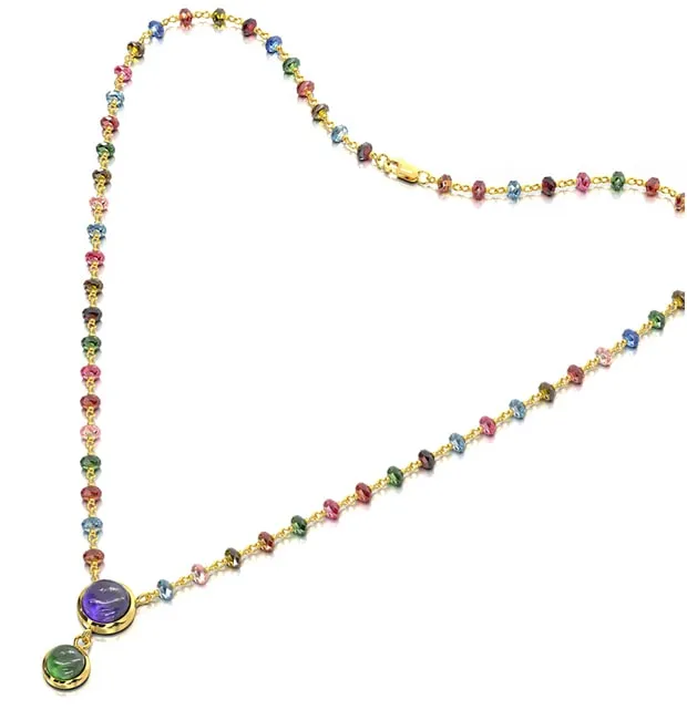 14k Antique Look Multi Color Cubshion Tourmaline Rondalle Disc Drop Necklace