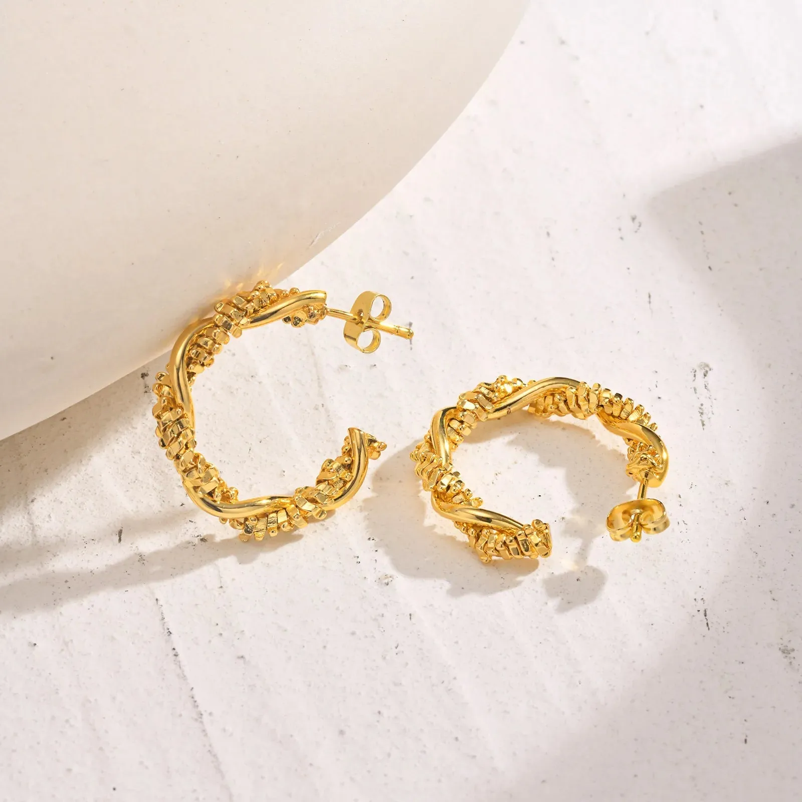 14k Dainty Textured Spiral Hoop Earrings