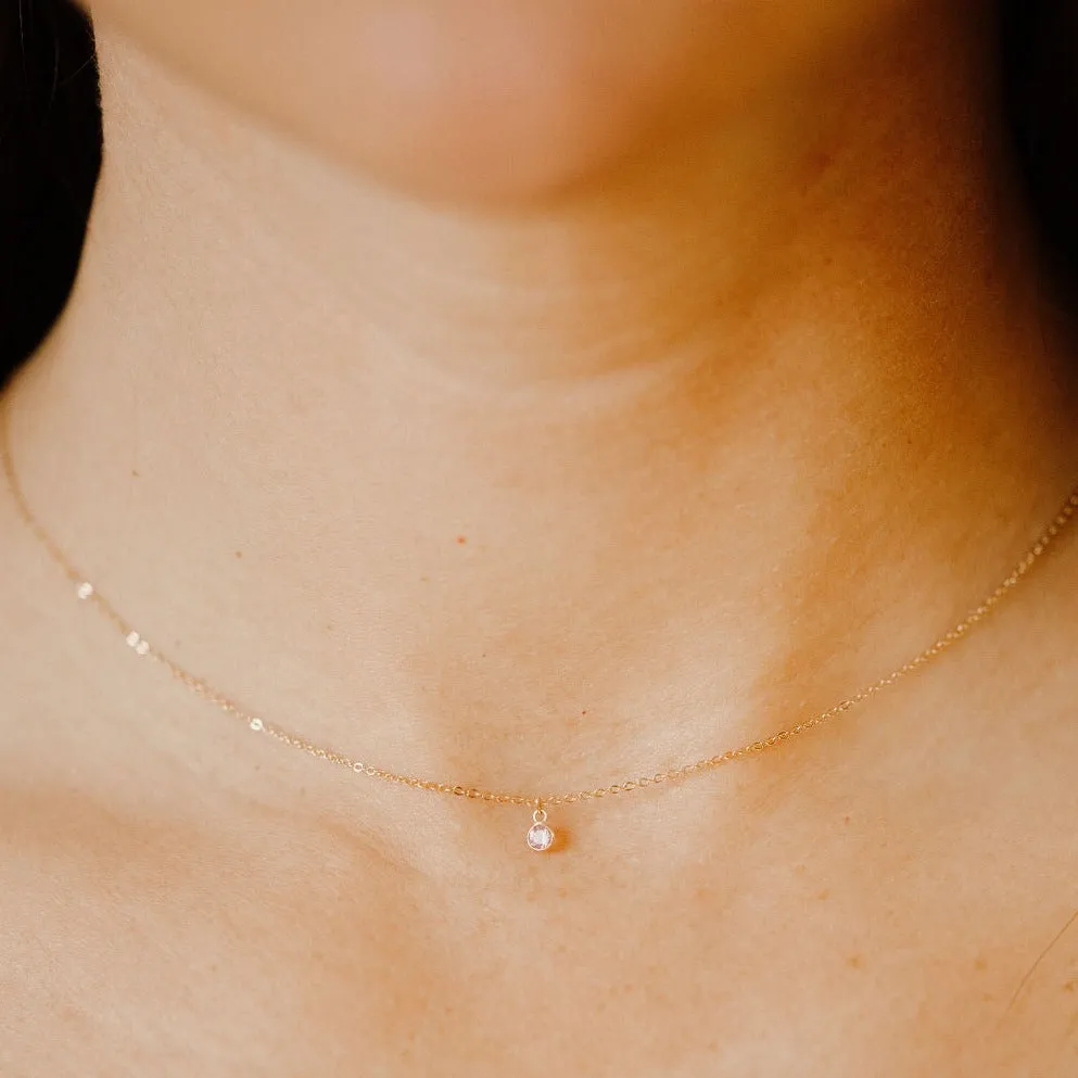 14k Solid Gold Tiny Round Bezel Gem Necklace