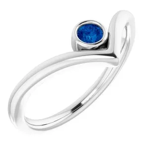 14K White Blue Sapphire Solitaire Bezel-Set "V" Ring