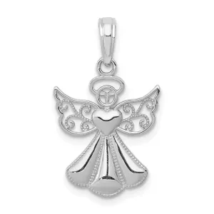 14K White Gold Polished Concave Guardian Angel With Heart Pendant