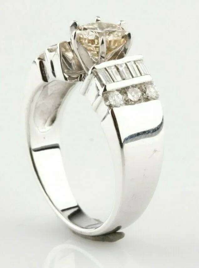 14k White Gold Round Diamond Solitaire Ring w/ Accents TCW = 1.42 ct. Size 5.75