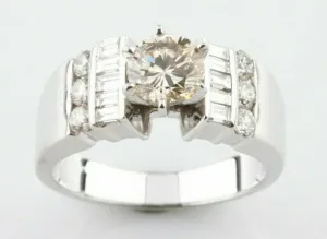 14k White Gold Round Diamond Solitaire Ring w/ Accents TCW = 1.42 ct. Size 5.75