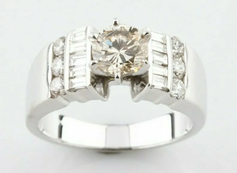14k White Gold Round Diamond Solitaire Ring w/ Accents TCW = 1.42 ct. Size 5.75