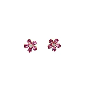 14K YELLOW GOLD 1.71 CT PINK TOURMALINE AND .07CT G SI1 ROUND DIAMOND FLOWER STUD EARRINGS