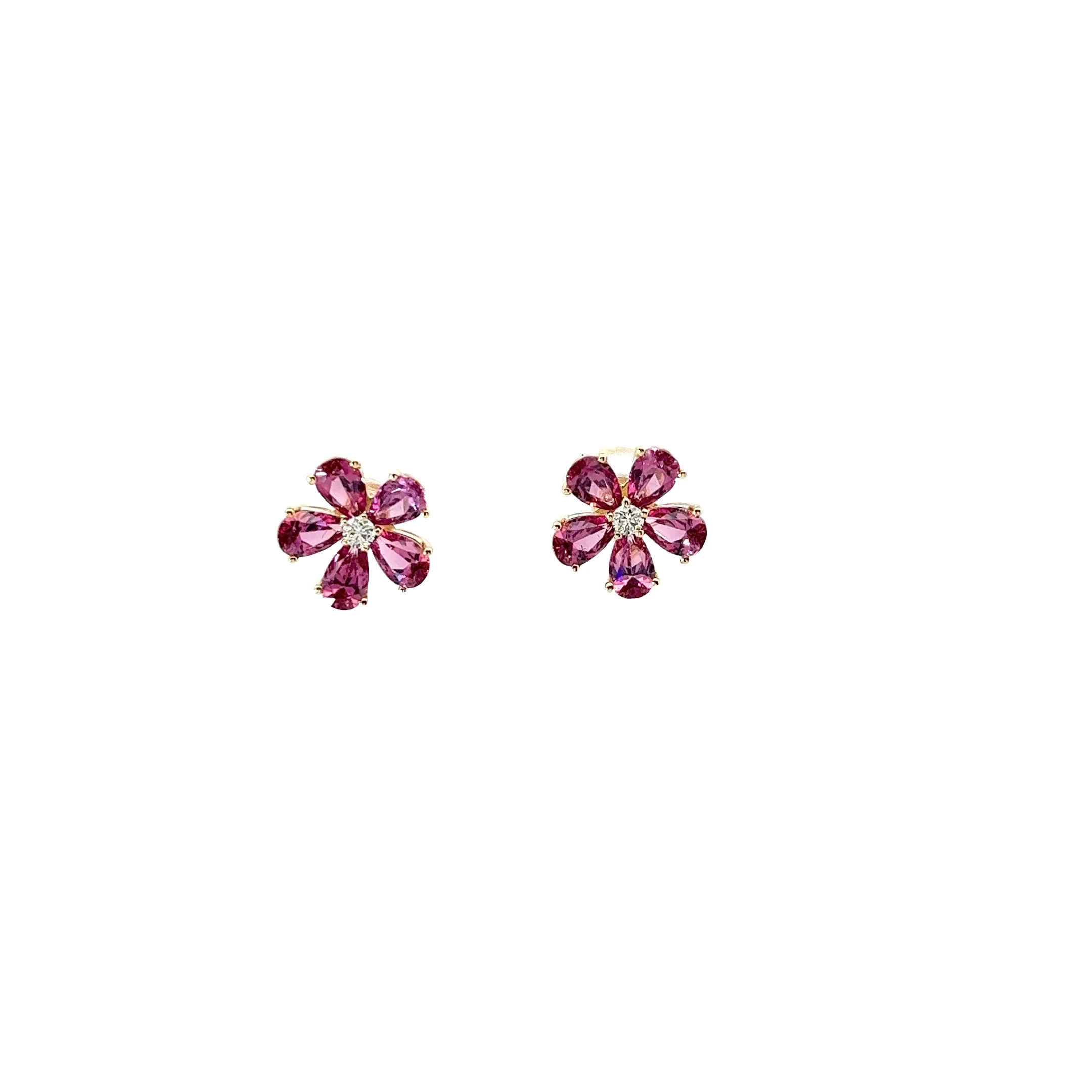 14K YELLOW GOLD 1.71 CT PINK TOURMALINE AND .07CT G SI1 ROUND DIAMOND FLOWER STUD EARRINGS