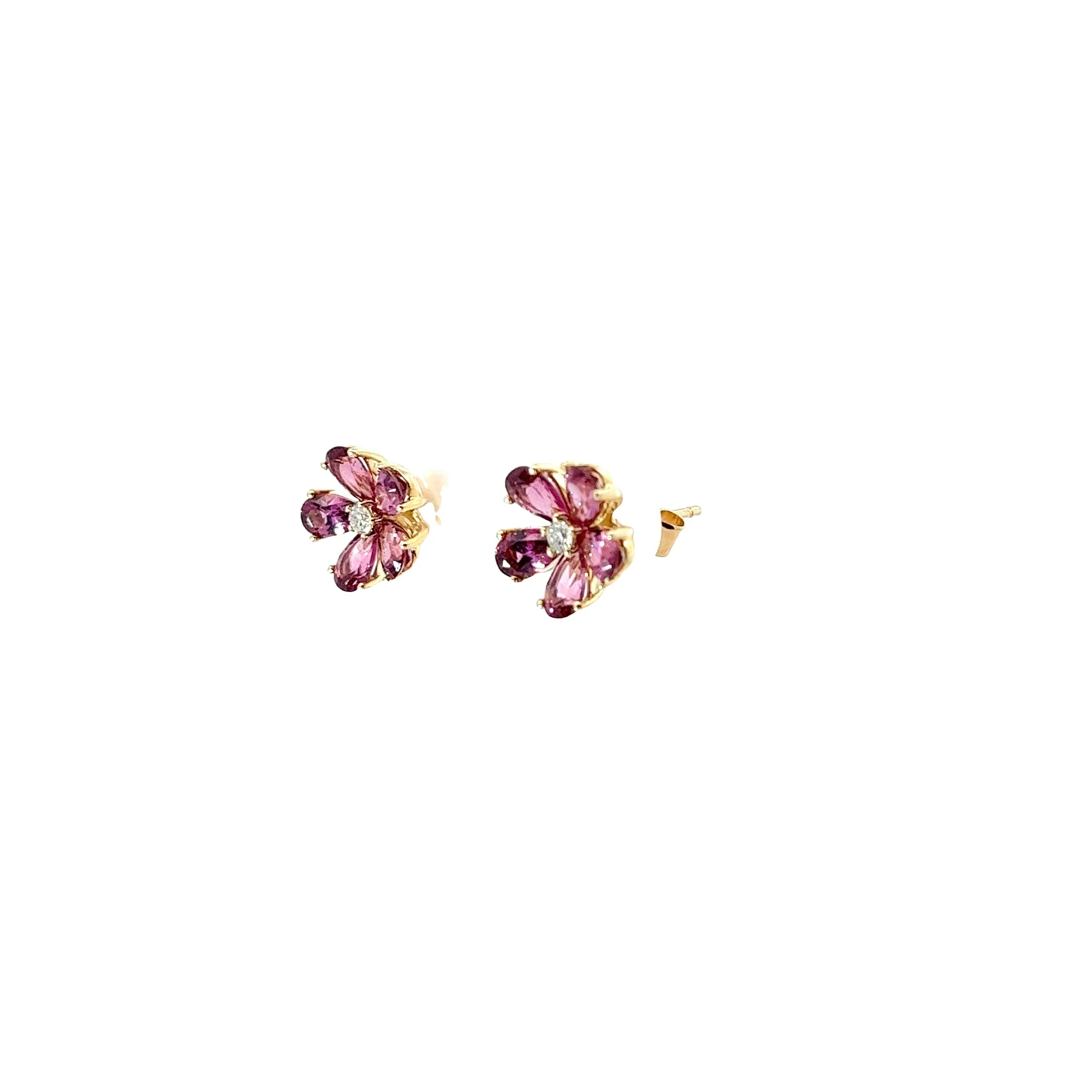14K YELLOW GOLD 1.71 CT PINK TOURMALINE AND .07CT G SI1 ROUND DIAMOND FLOWER STUD EARRINGS