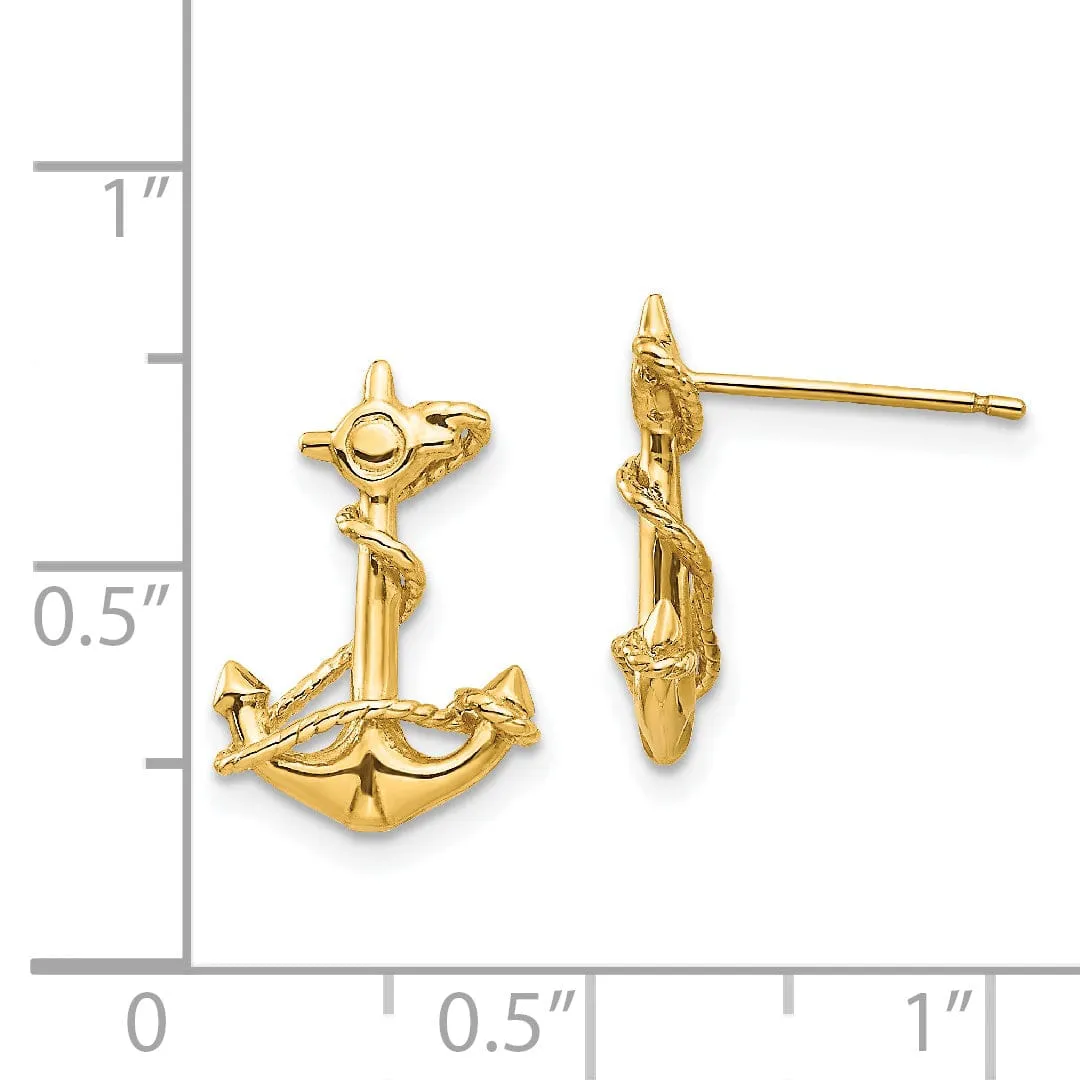 14k Yellow Gold 3-D Anchor with Rope Post Earrings
