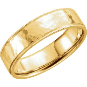 14k Yellow Gold 6mm Flat Comfort Fit Milgrain Hammer Finish Band Size 10