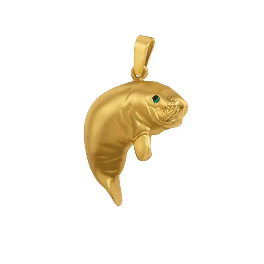 14k Yellow Gold Full Body Manatee Pendant with Emerald Eye