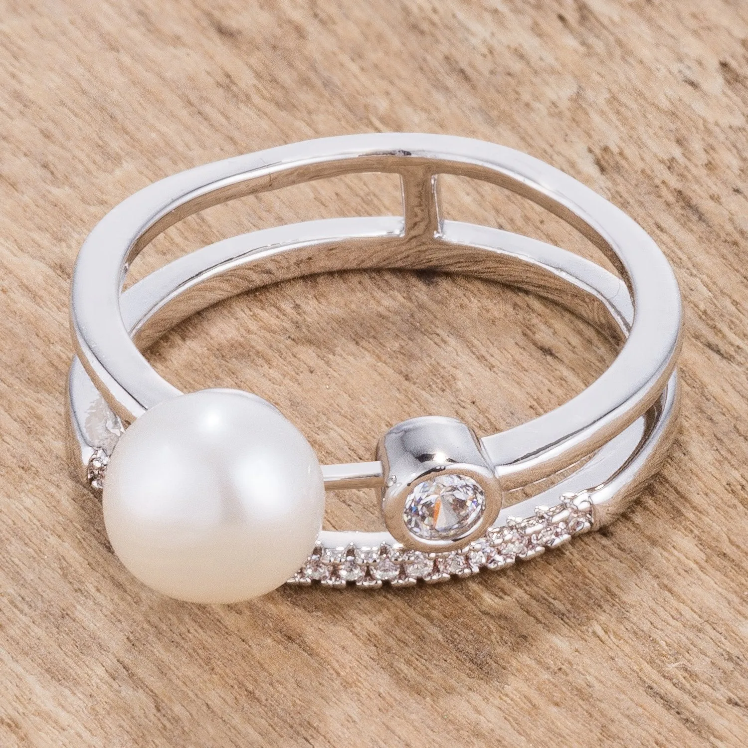 .15Ct Rhodium Plated CZ and Freshwater Pearl Contemporary Double Band Ring