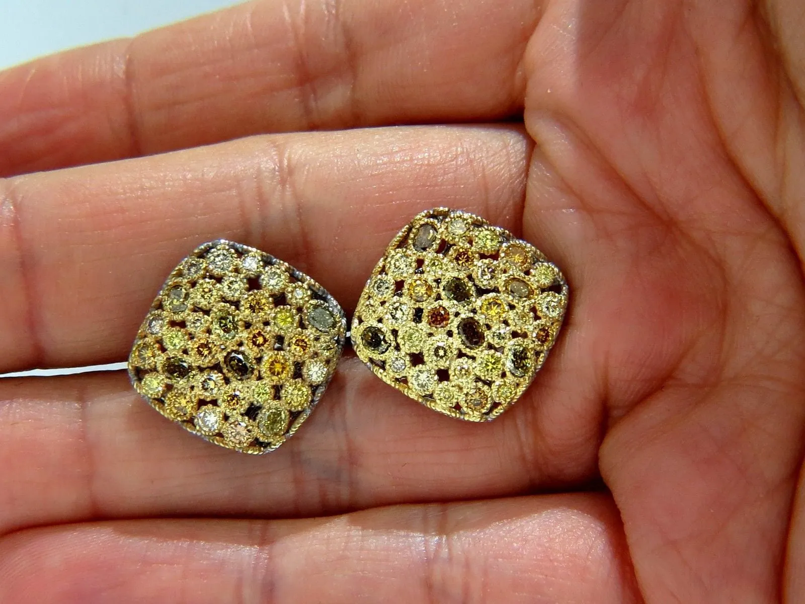 1.60CT NATURAL FANCY COLOR DIAMONDS CLIP COCKTAIL CLUSTER EARRINGS 14KT