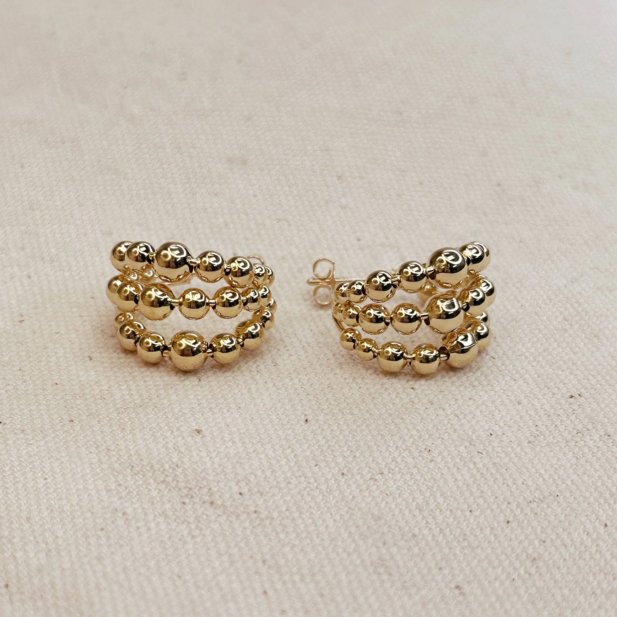 18k Gold Filled Triple Line Beaded C Hoop Earrings