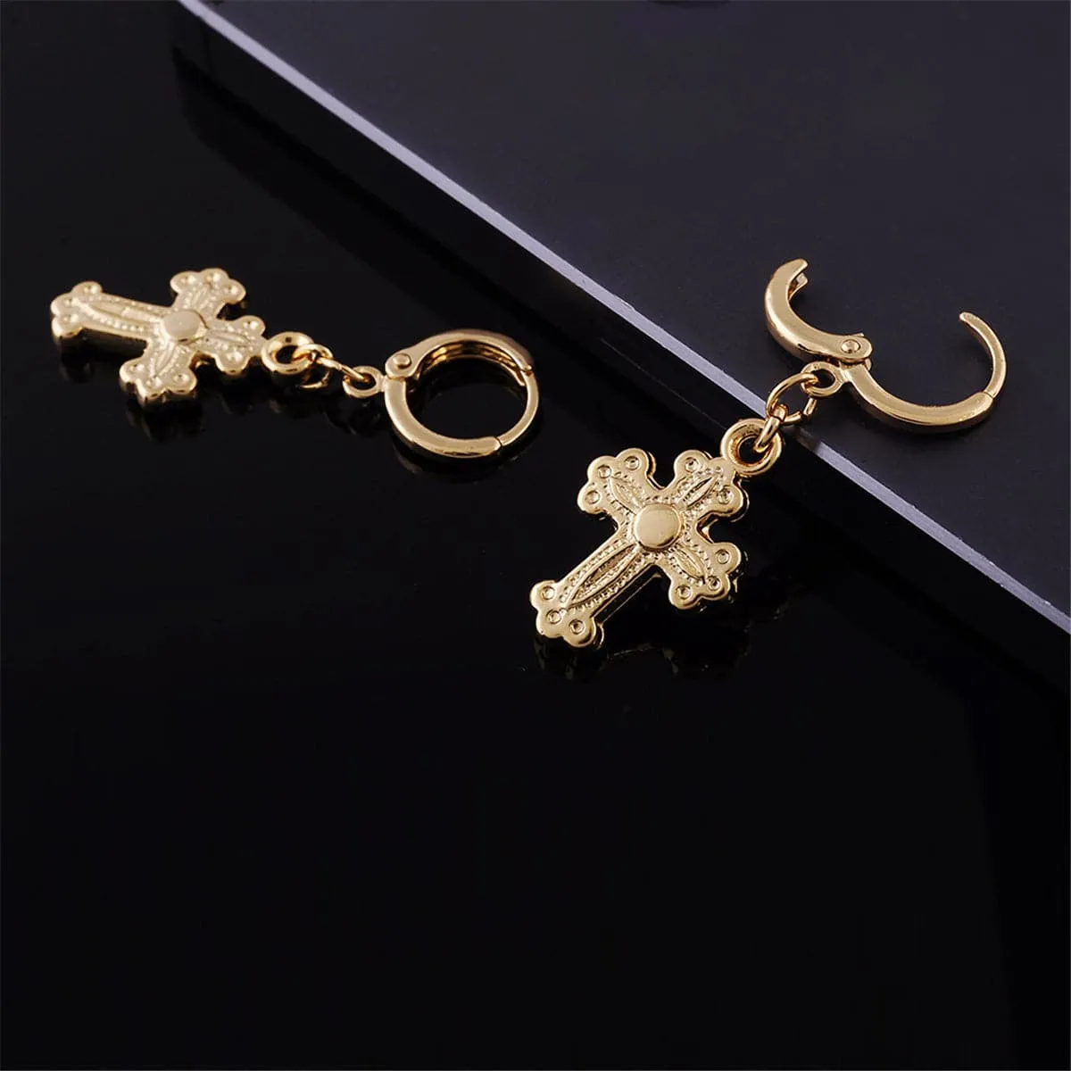 18K Gold-Plated Cross Huggie Drop Earrings