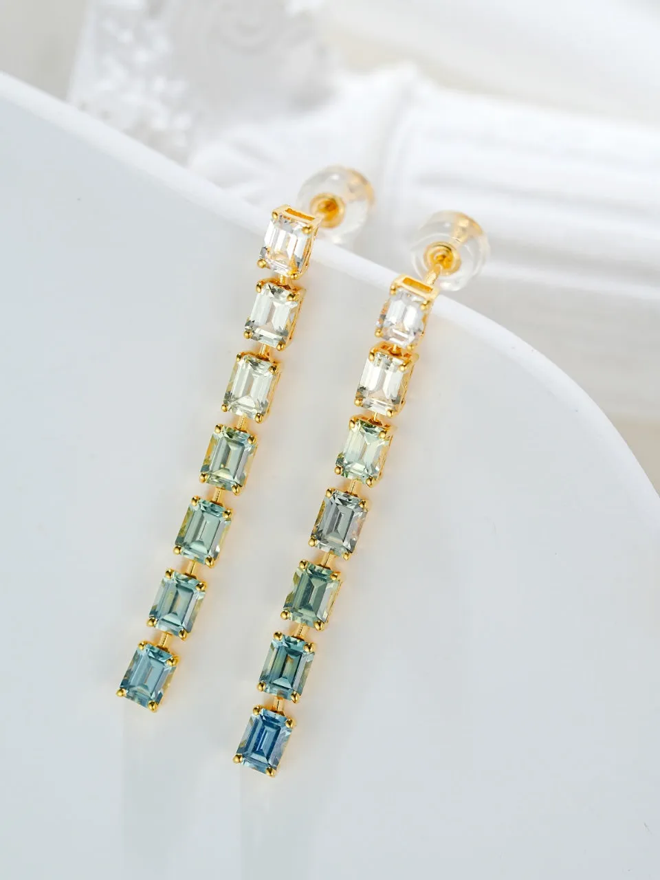 18k Gold Radiant Cut Green Square Drop Earrings