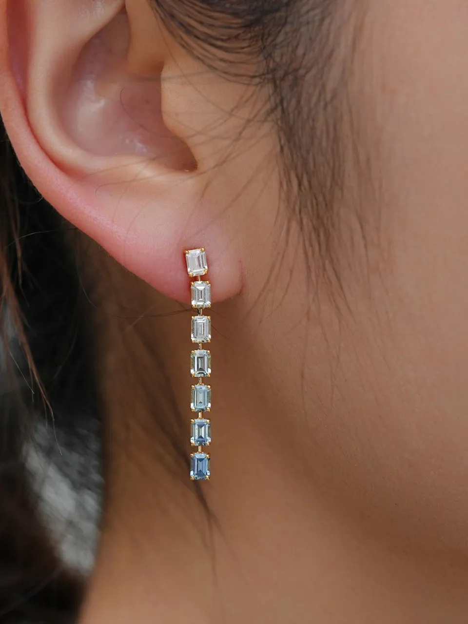 18k Gold Radiant Cut Green Square Drop Earrings
