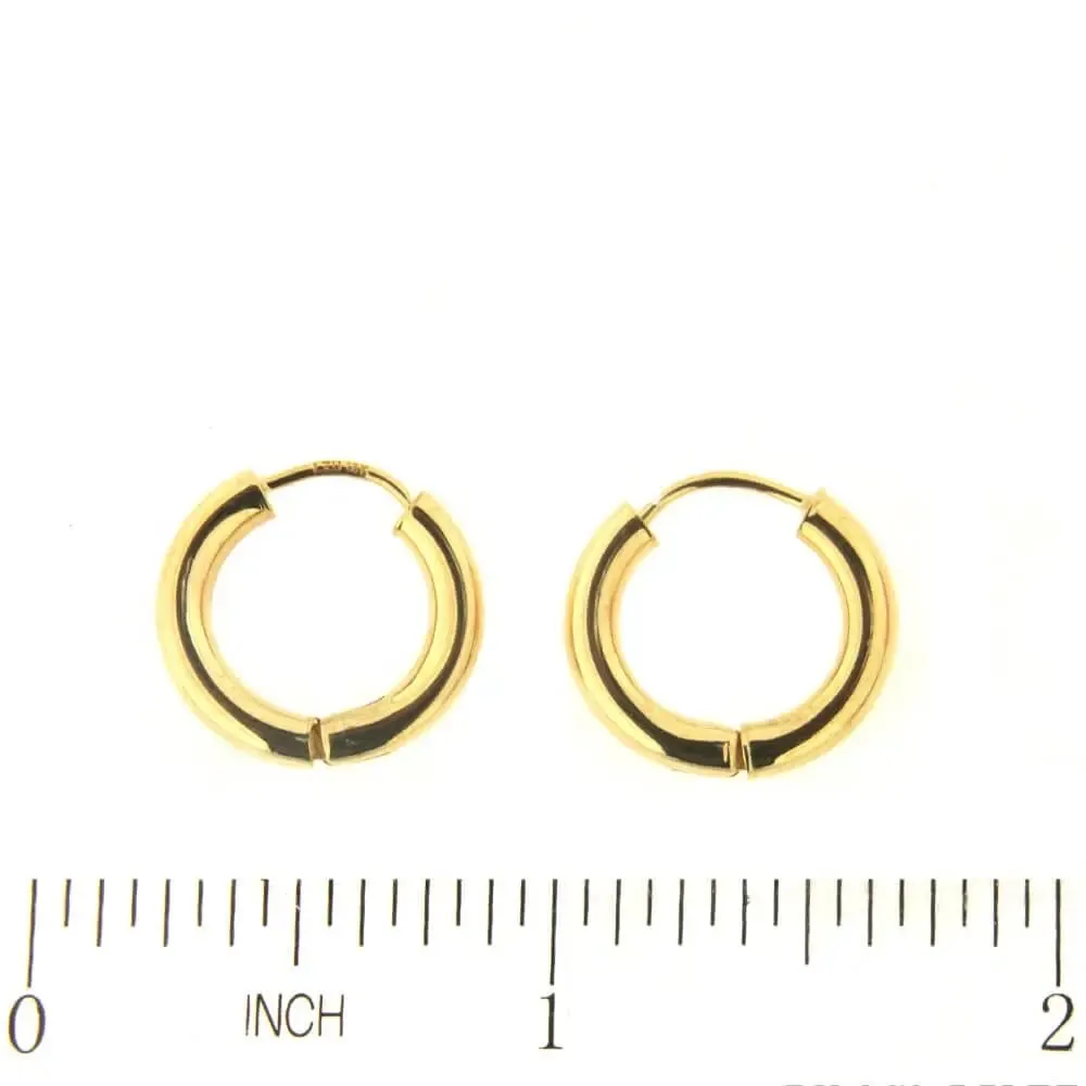 18K Solid Yellow Gold Round Tubular Hinged Huggie Earrings.