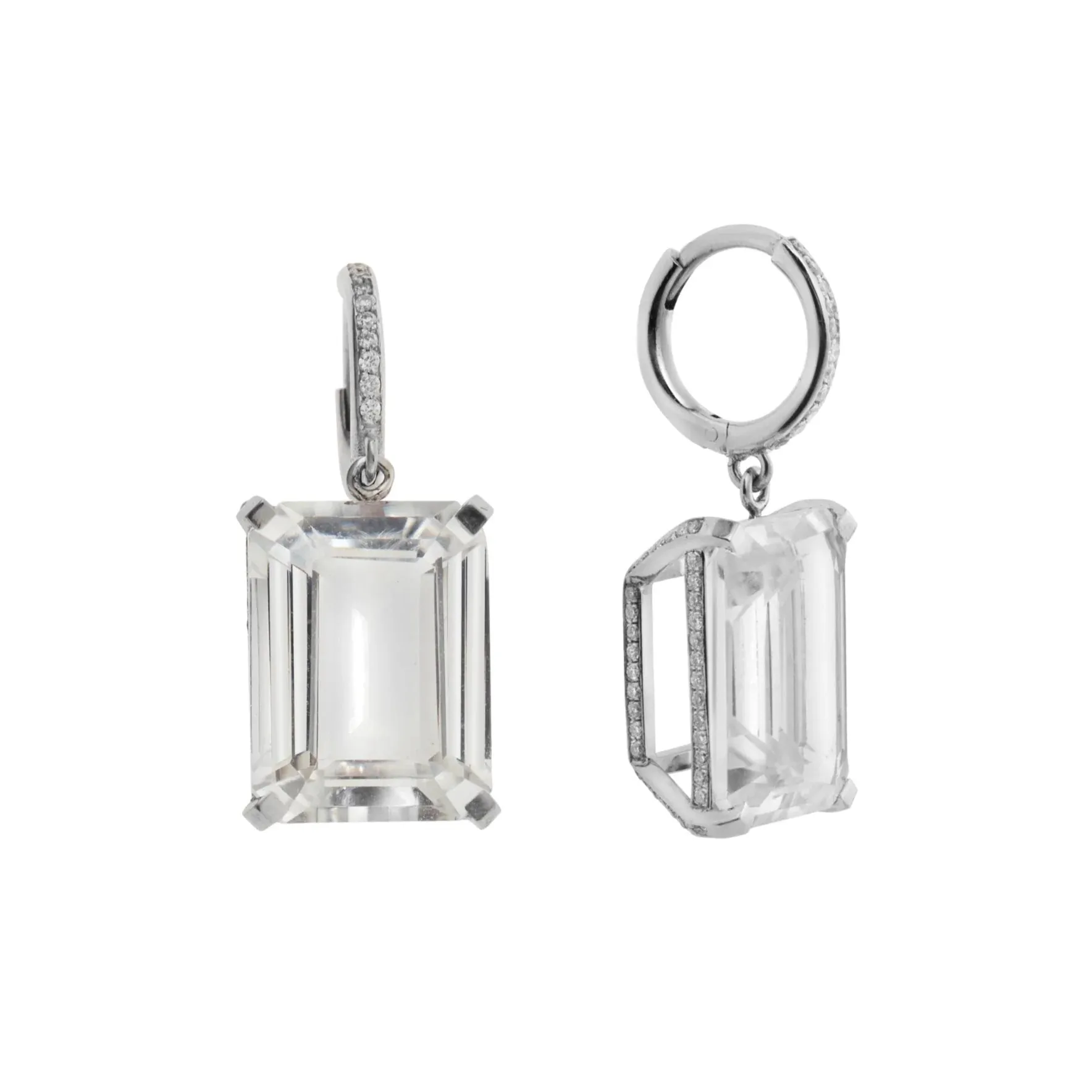 18K White Gold White Topaz Oblong Royal Crown Hoops