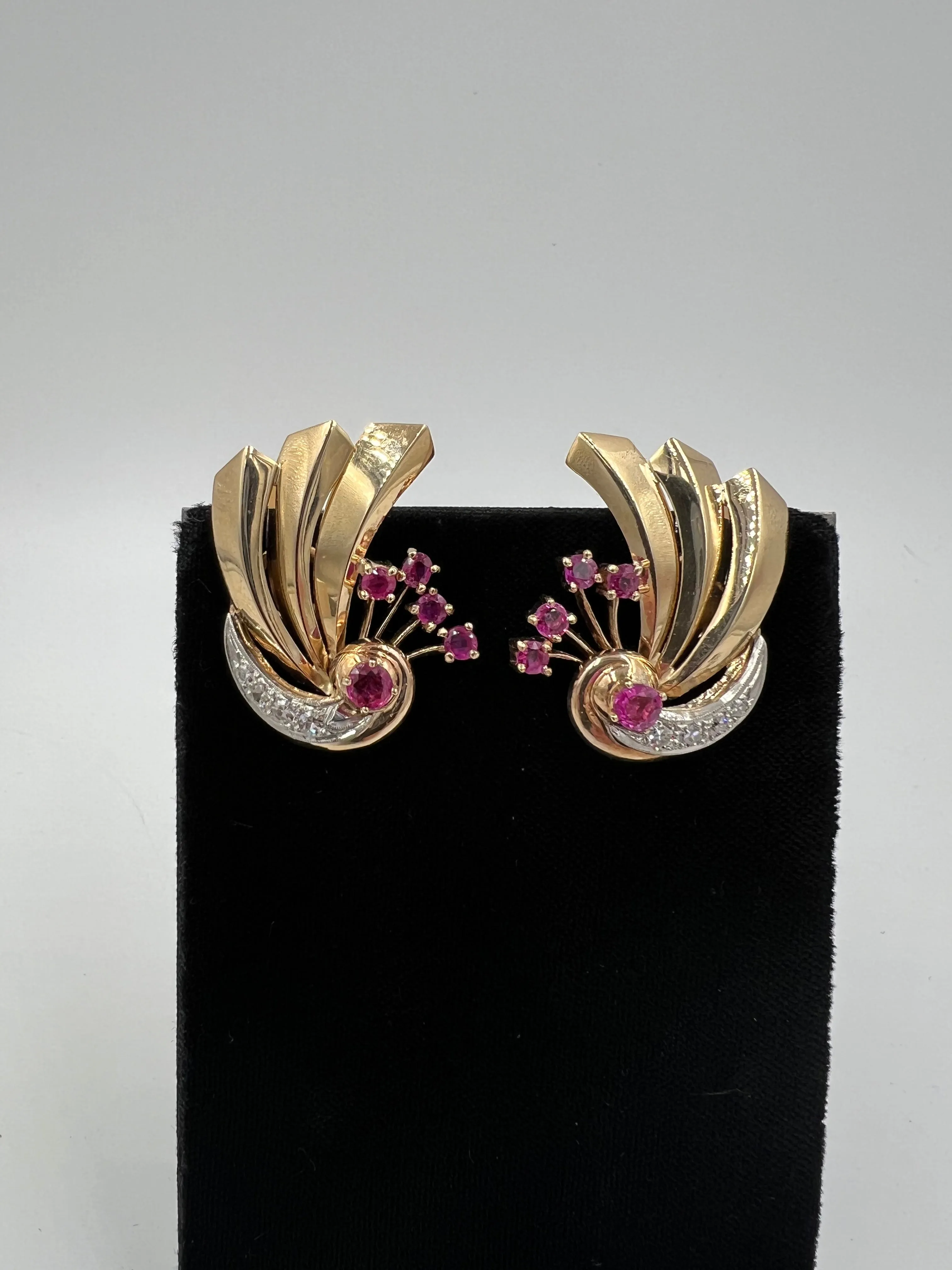 1940s Retro Ruby Diamond 14k Gold Earrings For Pierced Ears