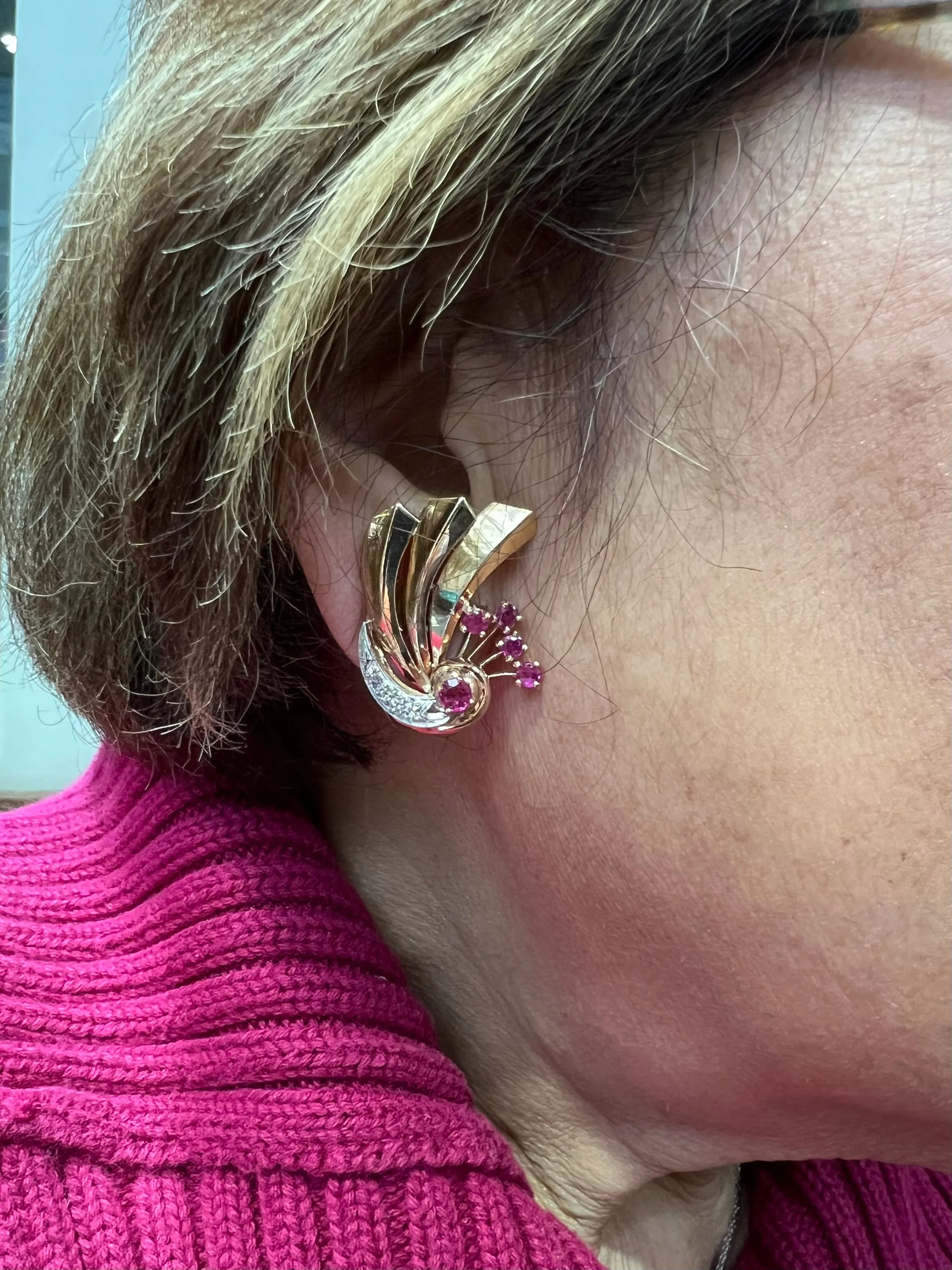 1940s Retro Ruby Diamond 14k Gold Earrings For Pierced Ears