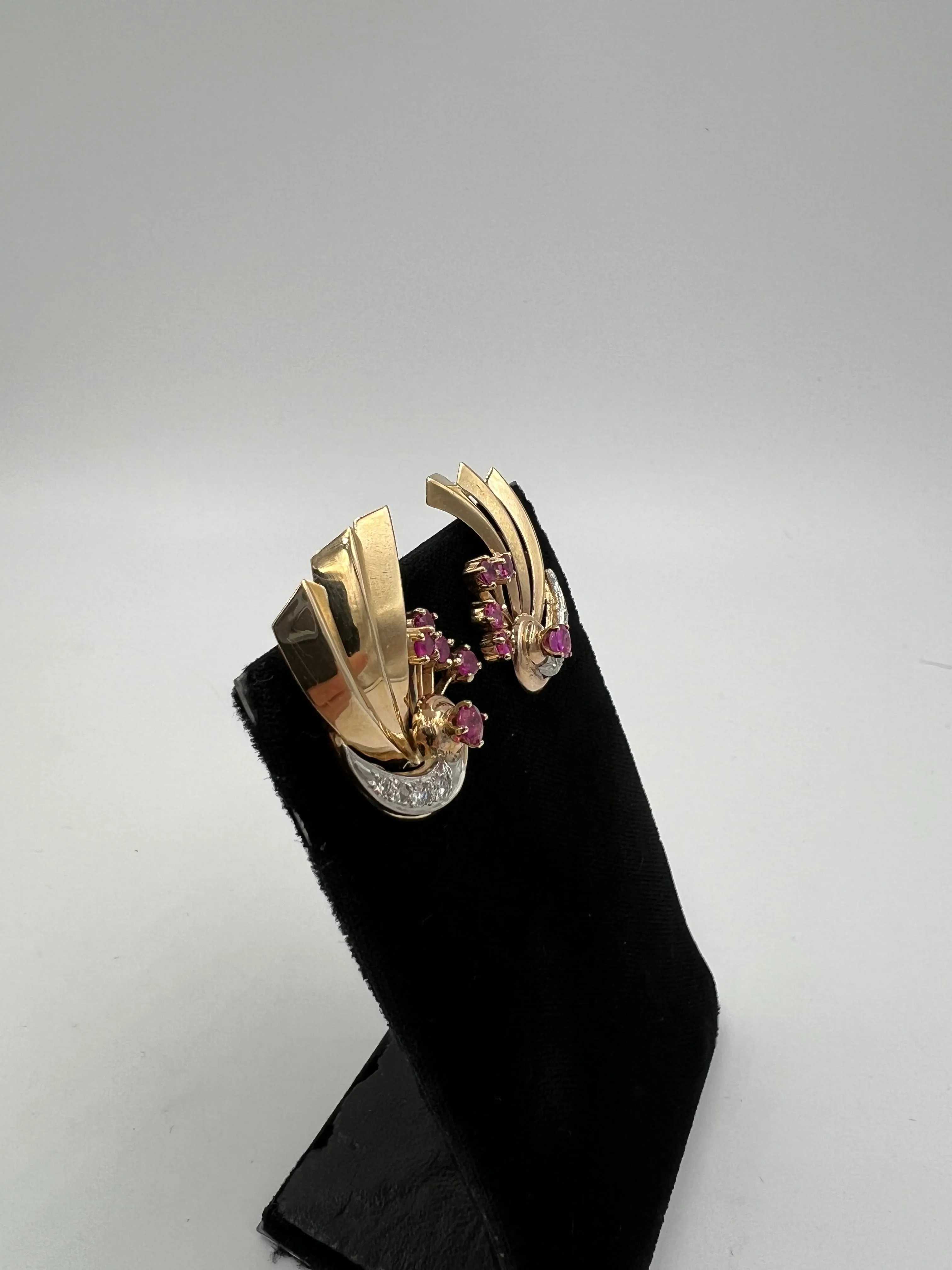 1940s Retro Ruby Diamond 14k Gold Earrings For Pierced Ears