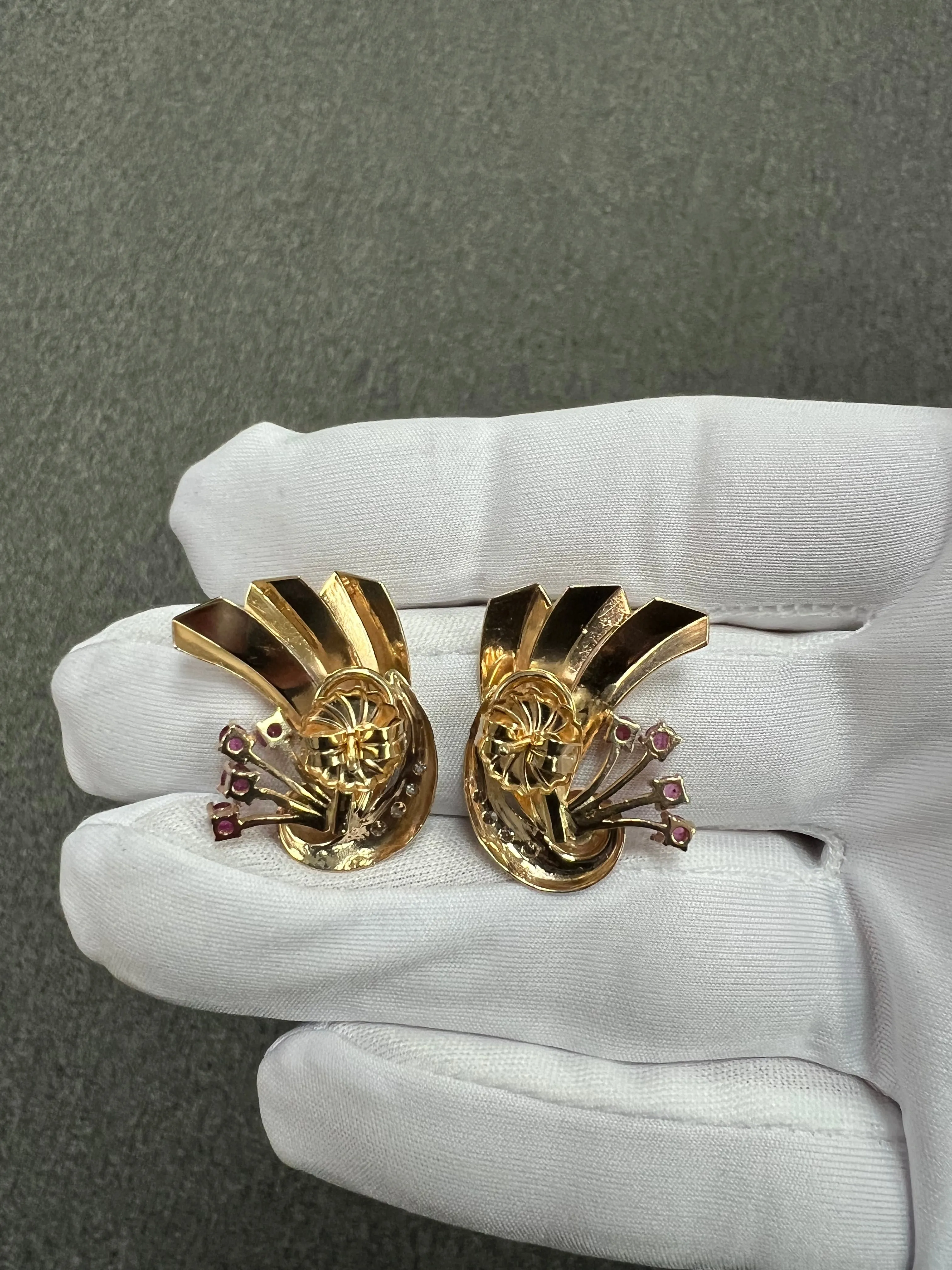 1940s Retro Ruby Diamond 14k Gold Earrings For Pierced Ears