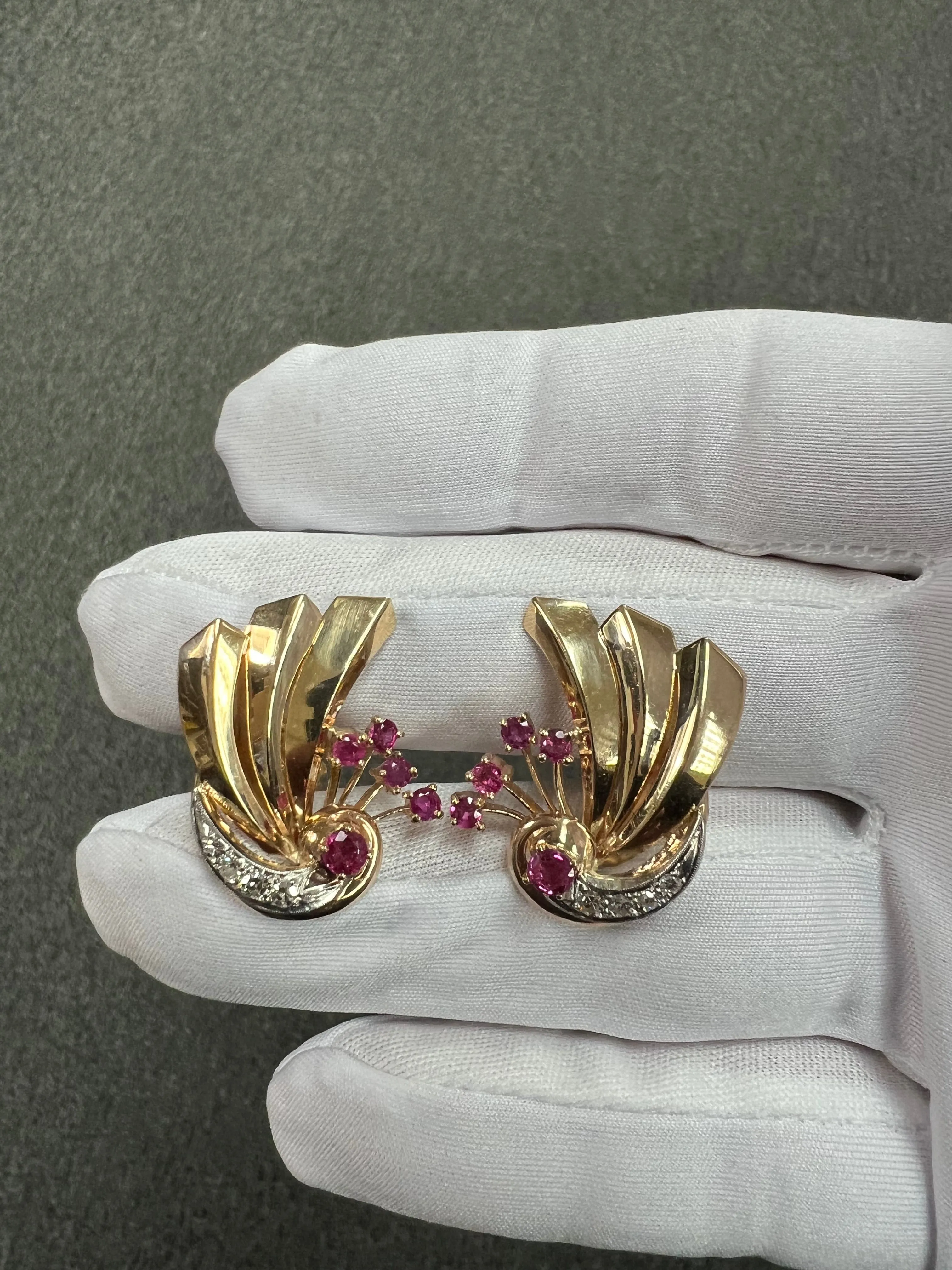 1940s Retro Ruby Diamond 14k Gold Earrings For Pierced Ears