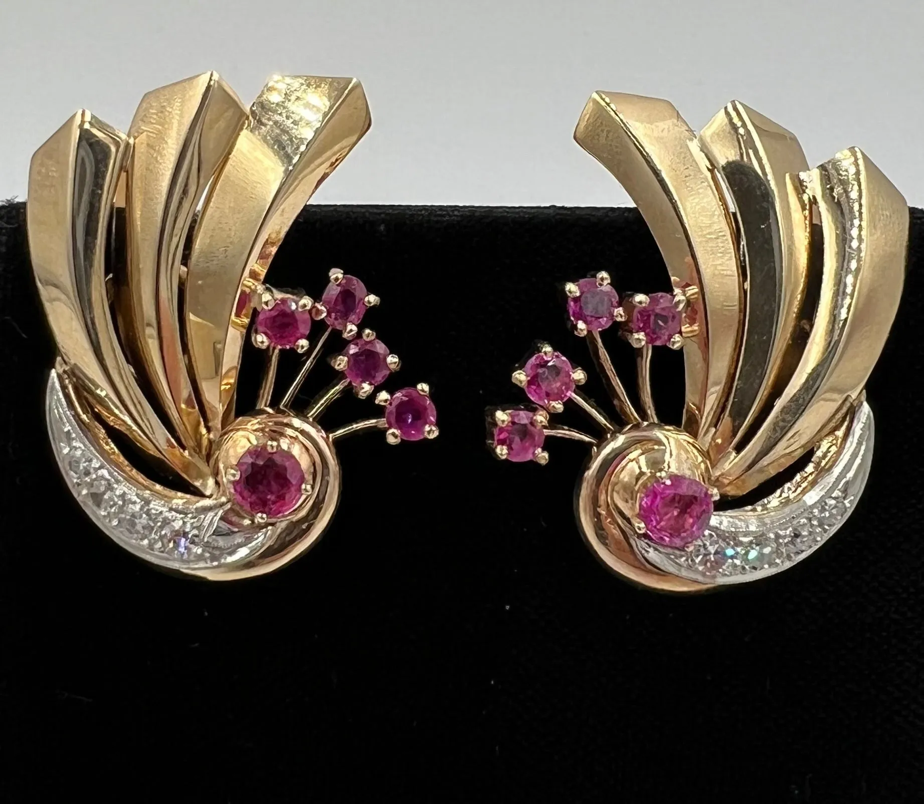 1940s Retro Ruby Diamond 14k Gold Earrings For Pierced Ears