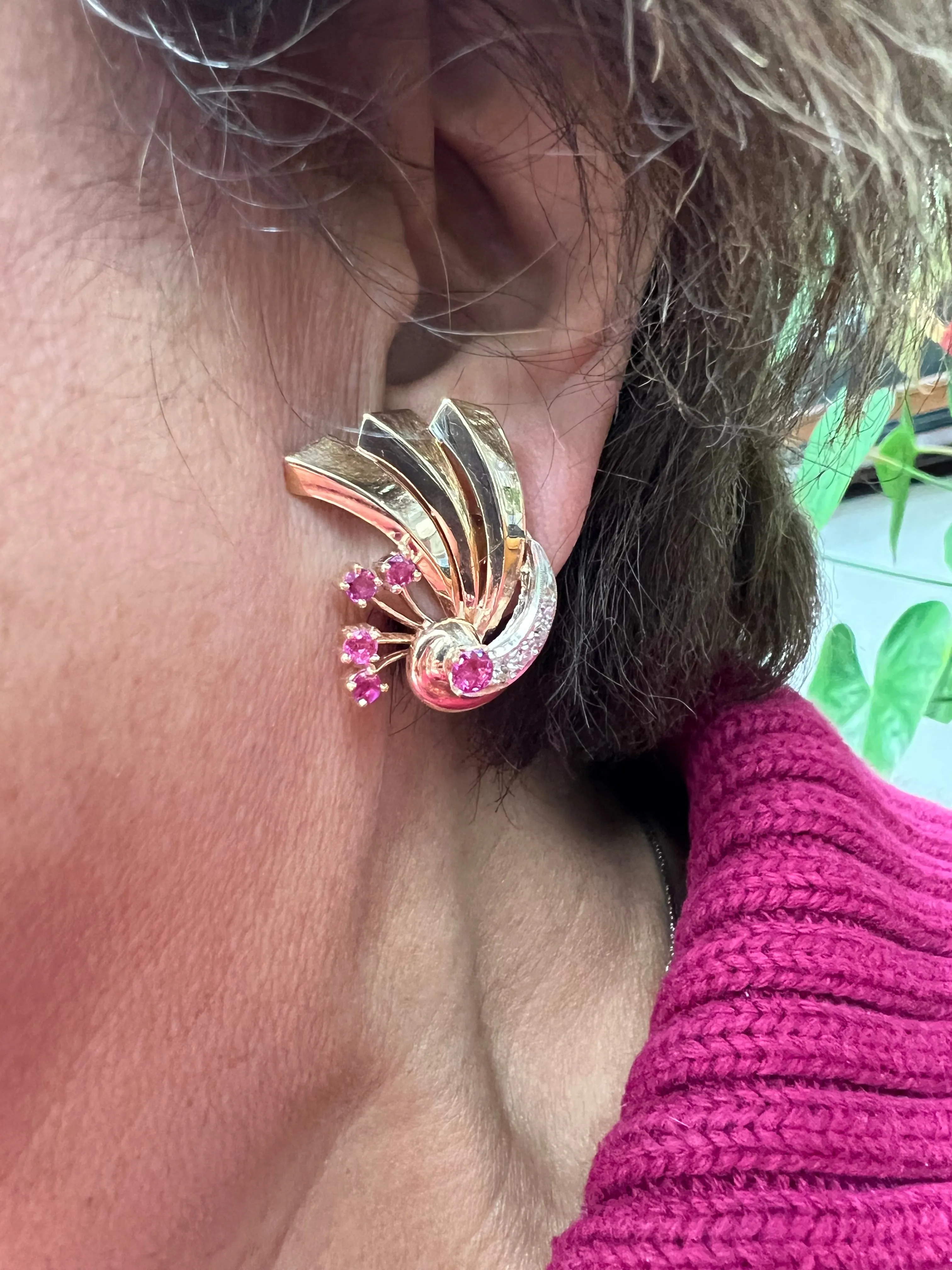 1940s Retro Ruby Diamond 14k Gold Earrings For Pierced Ears