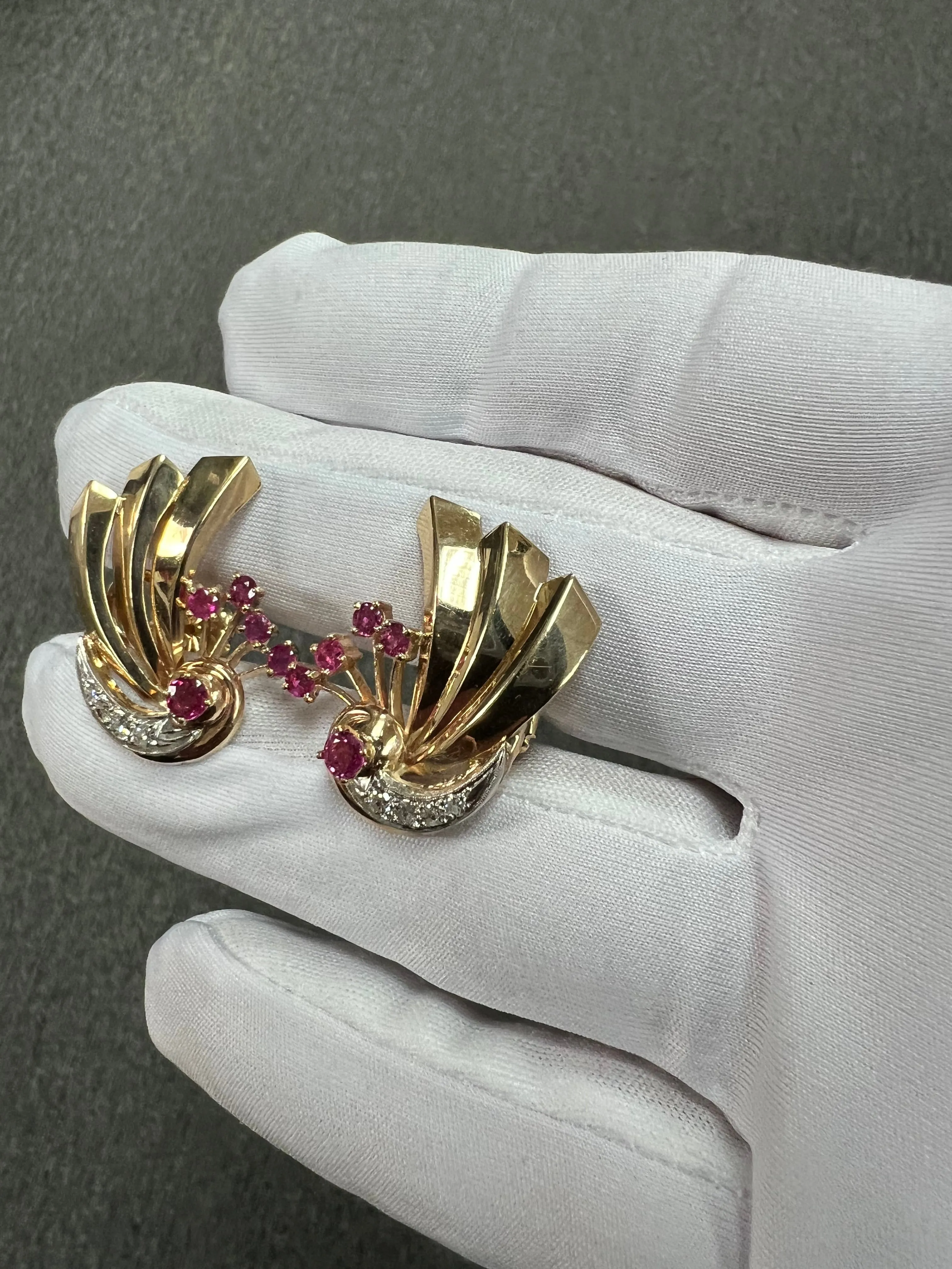 1940s Retro Ruby Diamond 14k Gold Earrings For Pierced Ears