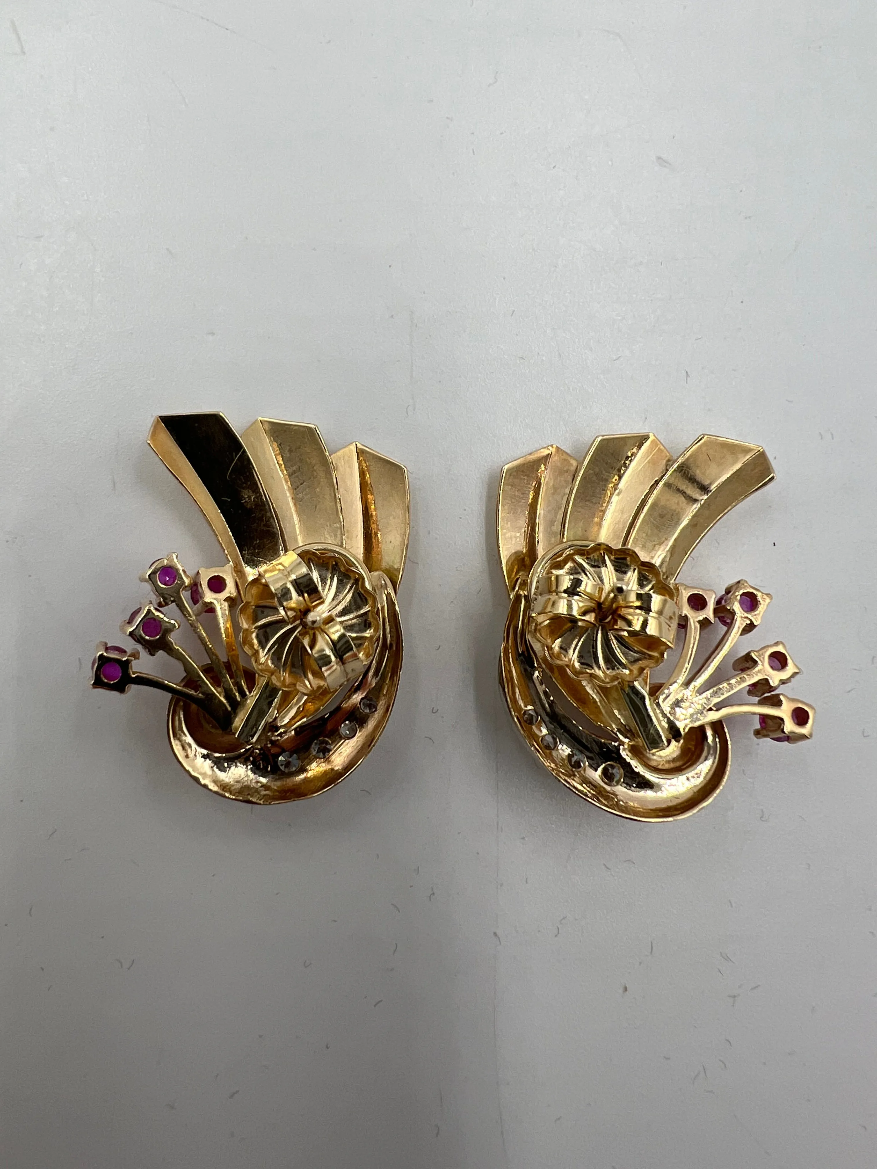 1940s Retro Ruby Diamond 14k Gold Earrings For Pierced Ears