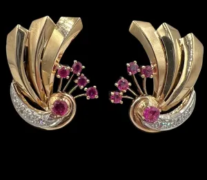 1940s Retro Ruby Diamond 14k Gold Earrings For Pierced Ears