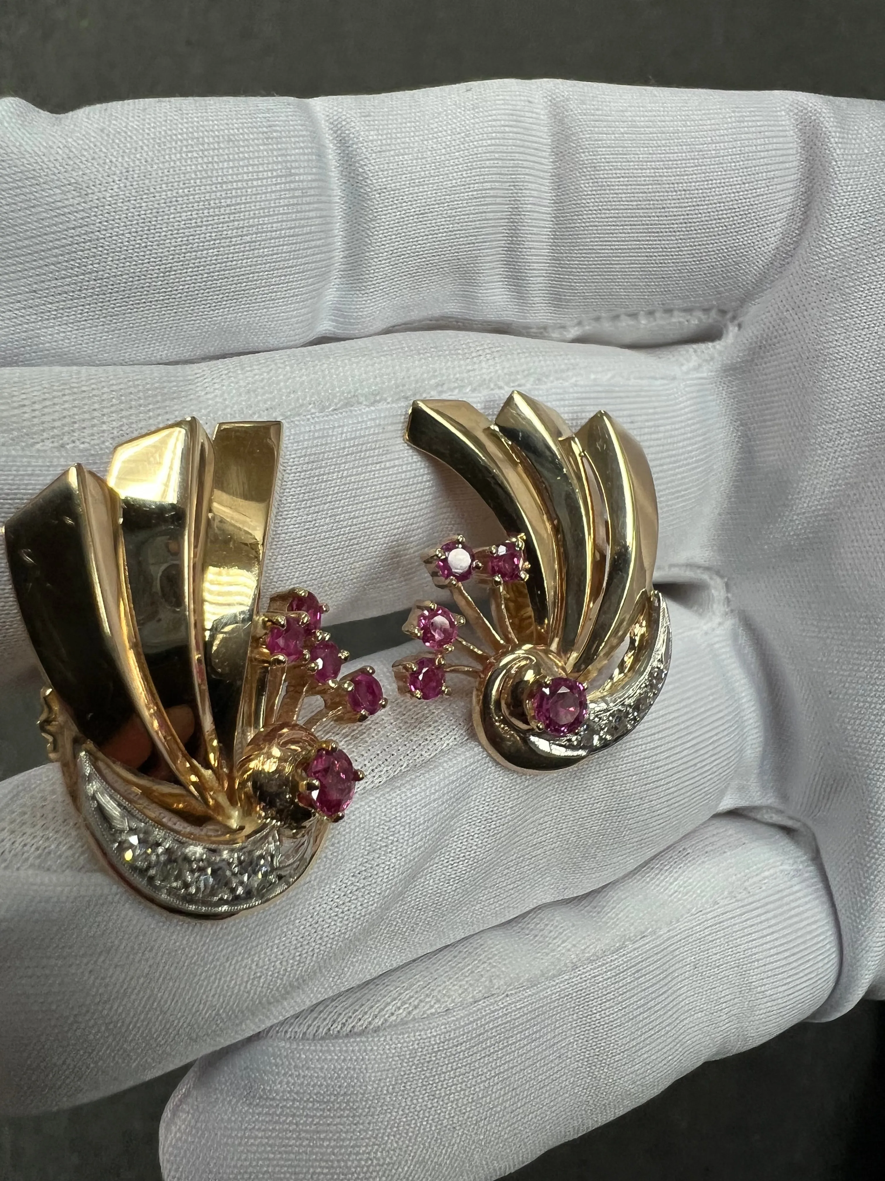 1940s Retro Ruby Diamond 14k Gold Earrings For Pierced Ears