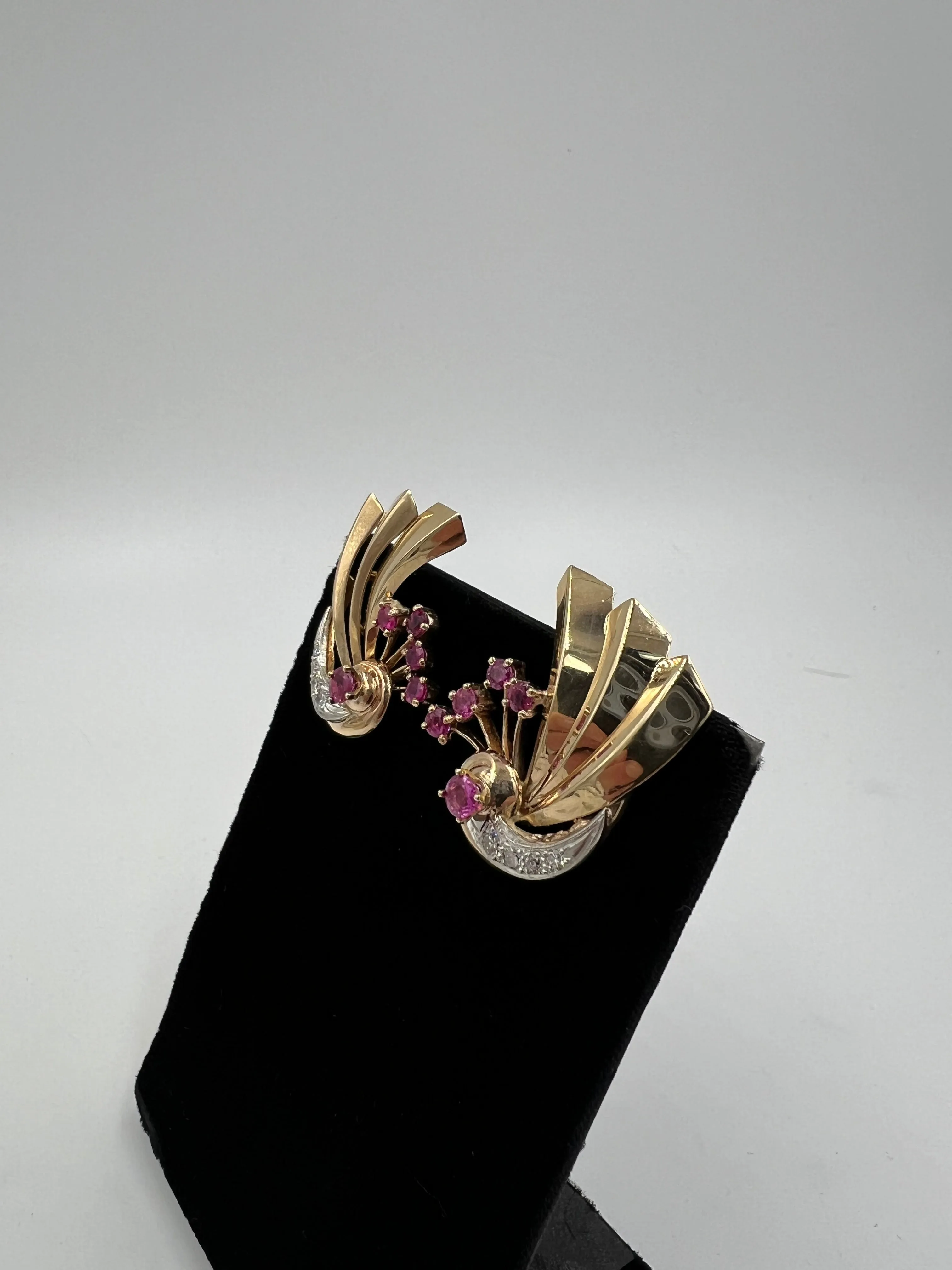 1940s Retro Ruby Diamond 14k Gold Earrings For Pierced Ears