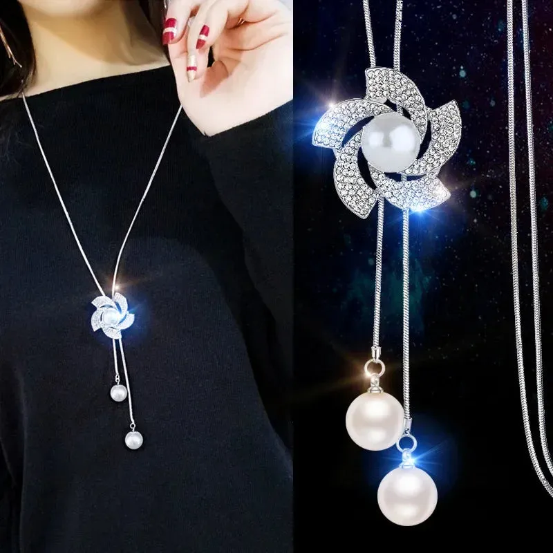 2024 New Flower Silver Color Long Necklace Temperament Women Pendant Dress Accessories Sweater Necklace Korean Jewelry