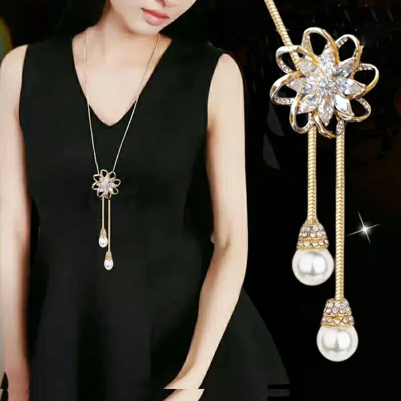 2024 New Flower Silver Color Long Necklace Temperament Women Pendant Dress Accessories Sweater Necklace Korean Jewelry