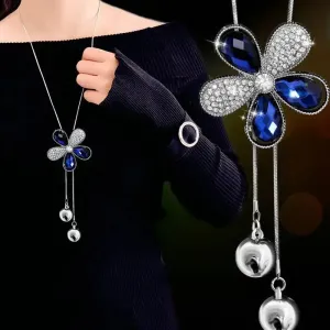 2024 New Flower Silver Color Long Necklace Temperament Women Pendant Dress Accessories Sweater Necklace Korean Jewelry