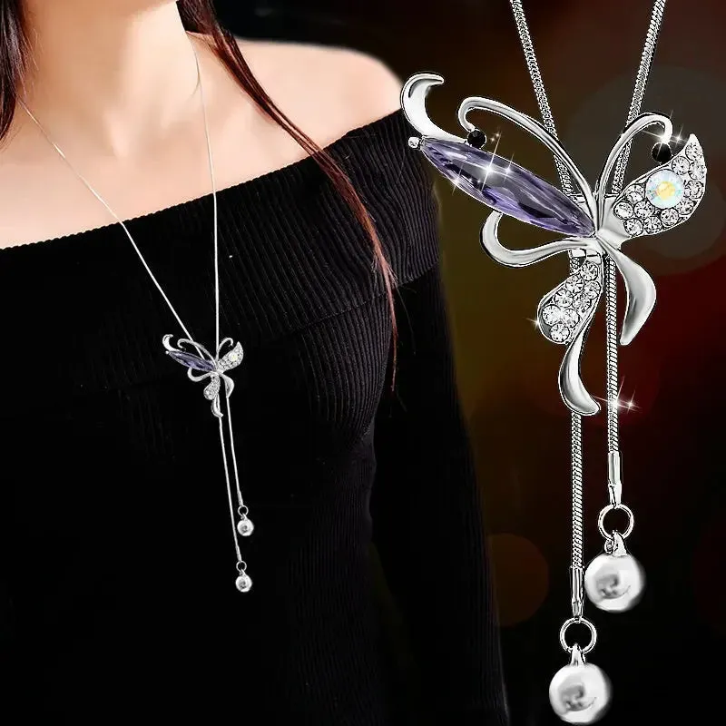 2024 New Flower Silver Color Long Necklace Temperament Women Pendant Dress Accessories Sweater Necklace Korean Jewelry
