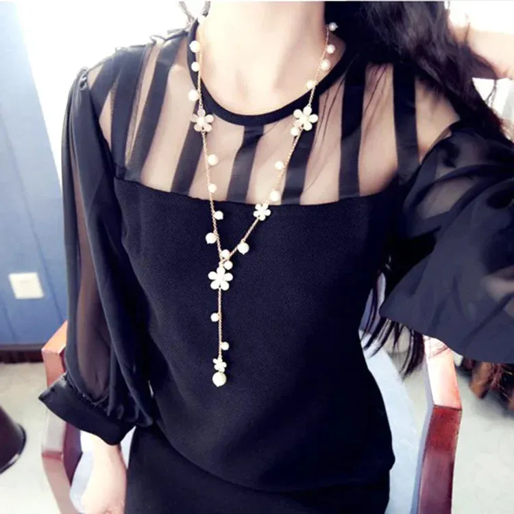 2024 New Flower Silver Color Long Necklace Temperament Women Pendant Dress Accessories Sweater Necklace Korean Jewelry