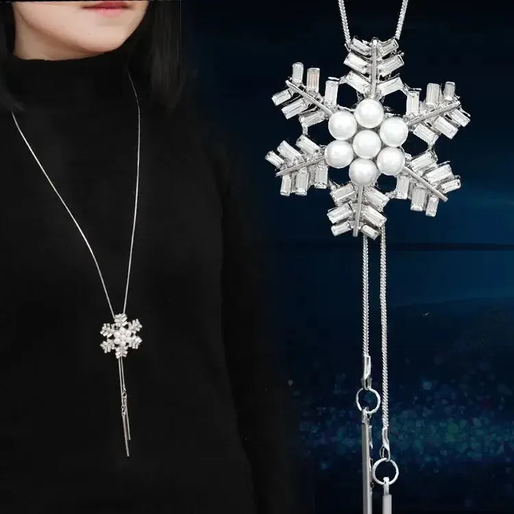 2024 New Flower Silver Color Long Necklace Temperament Women Pendant Dress Accessories Sweater Necklace Korean Jewelry